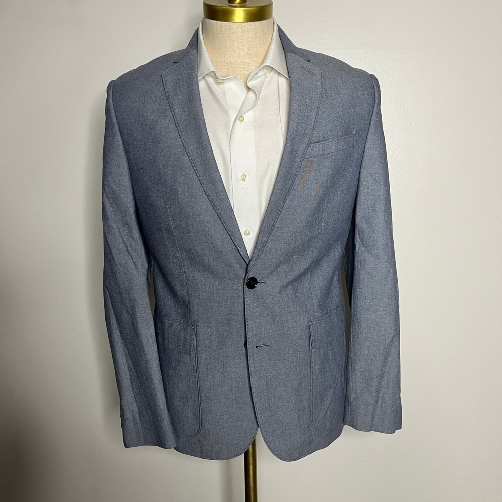 Express Photographer Blazer Mens 40R Blue Solid Fitted Cotton‎ Two Button Jacket
